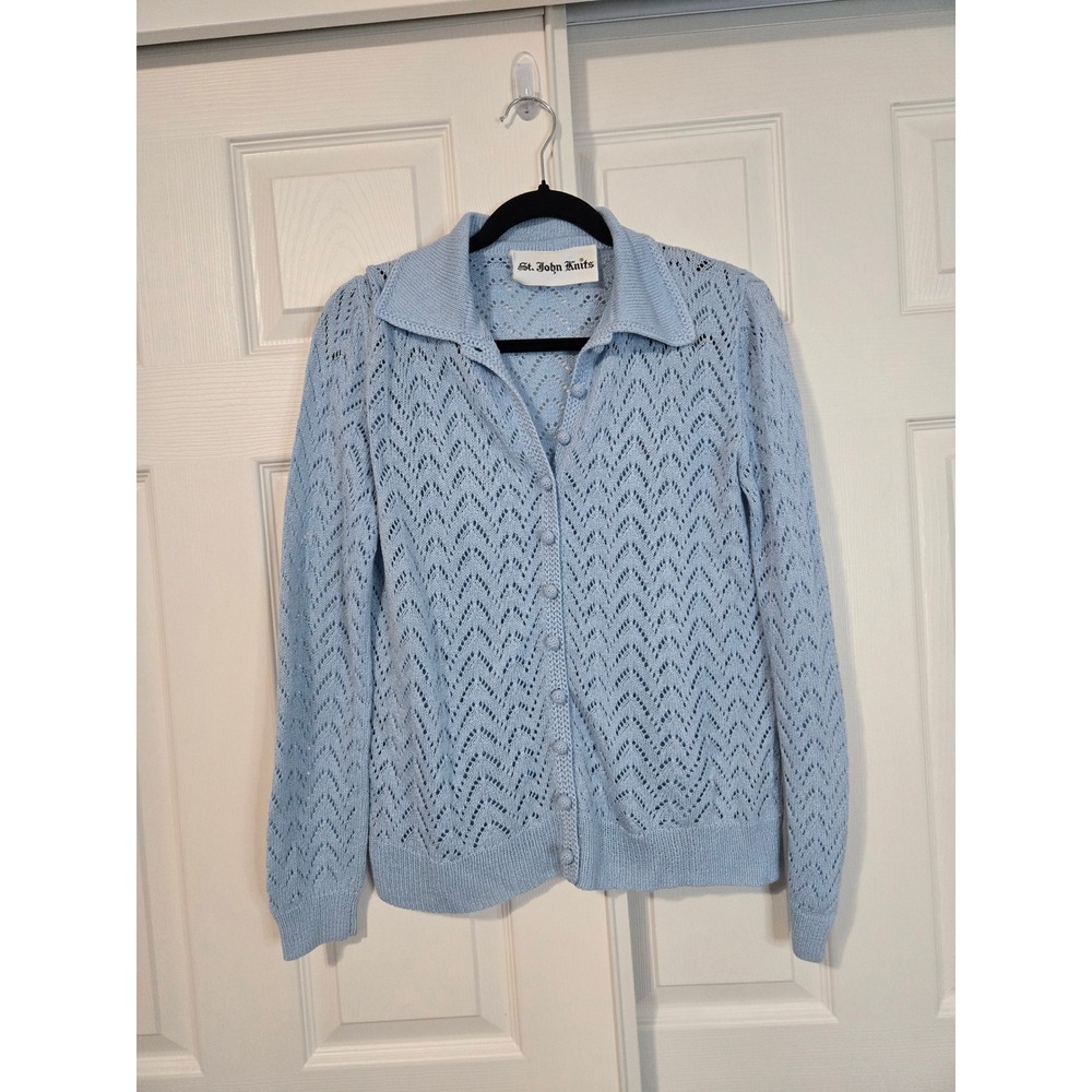 St John Knits L Vintage Blue Pointelle Collared Cardigan Sweater Designer